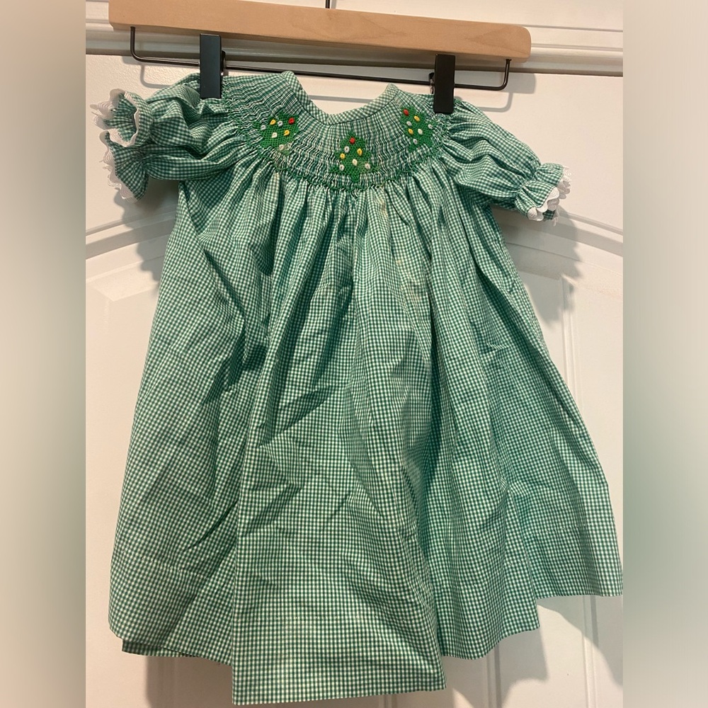 Stitchy Fish Christmas Tree Trio Smocked Dress, Green Gingham size 9m
